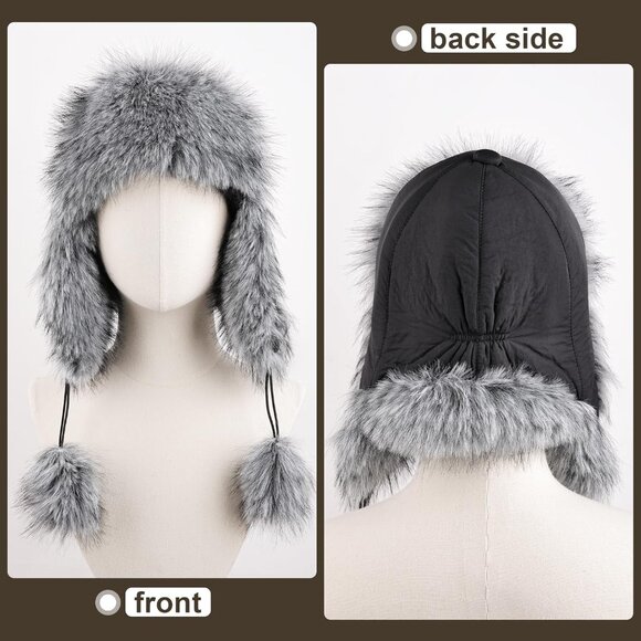⚡Women White Faux Fur Trapper Pompoms Warm Classic Ear Flaps Fuzzy Bobble Cap - Picture 3 of 6